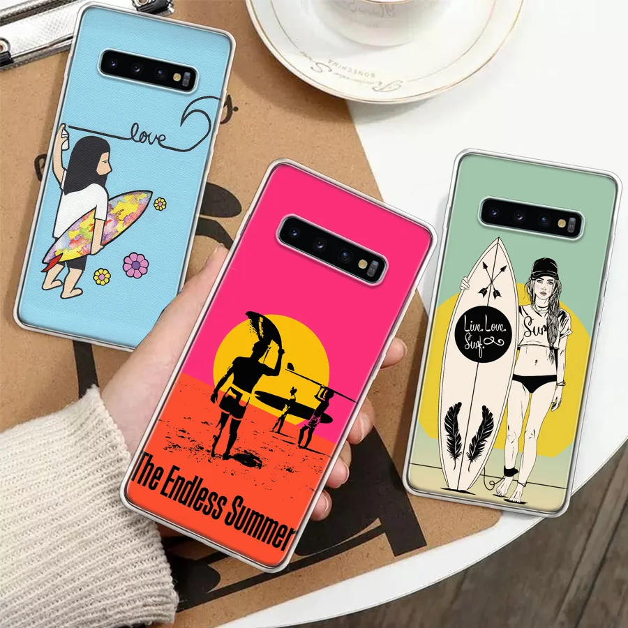 Surfboard Surfing Art Surf Girl Summer Silicon Call Phone Case For Samsung Galaxy S23 S24 Ultra S21 S20 FE S22 S10 Plus S10E S9