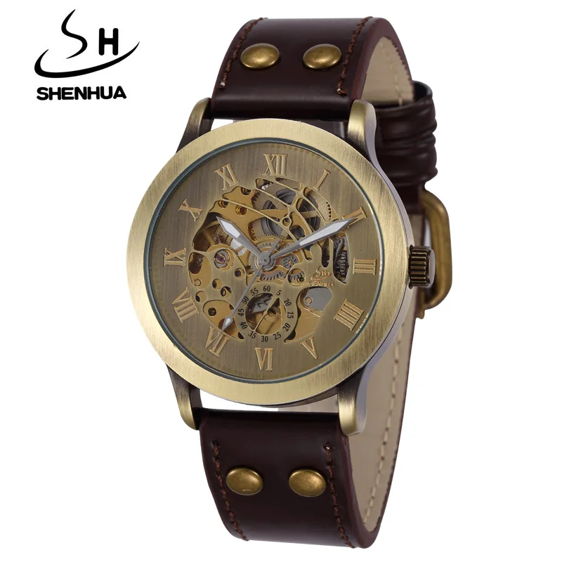 Shenhua Fashion Vintage Watches Men Stainless Steel Automatic Mechanical Watches Men Skeleton Watches Relogio Masculino