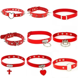 Punk Metal Tassel Pendant Red PU Leather Choker Collar Sexy Spiked Neck Chains Clavicle Men Necklaces for Women Gothic Jewelry