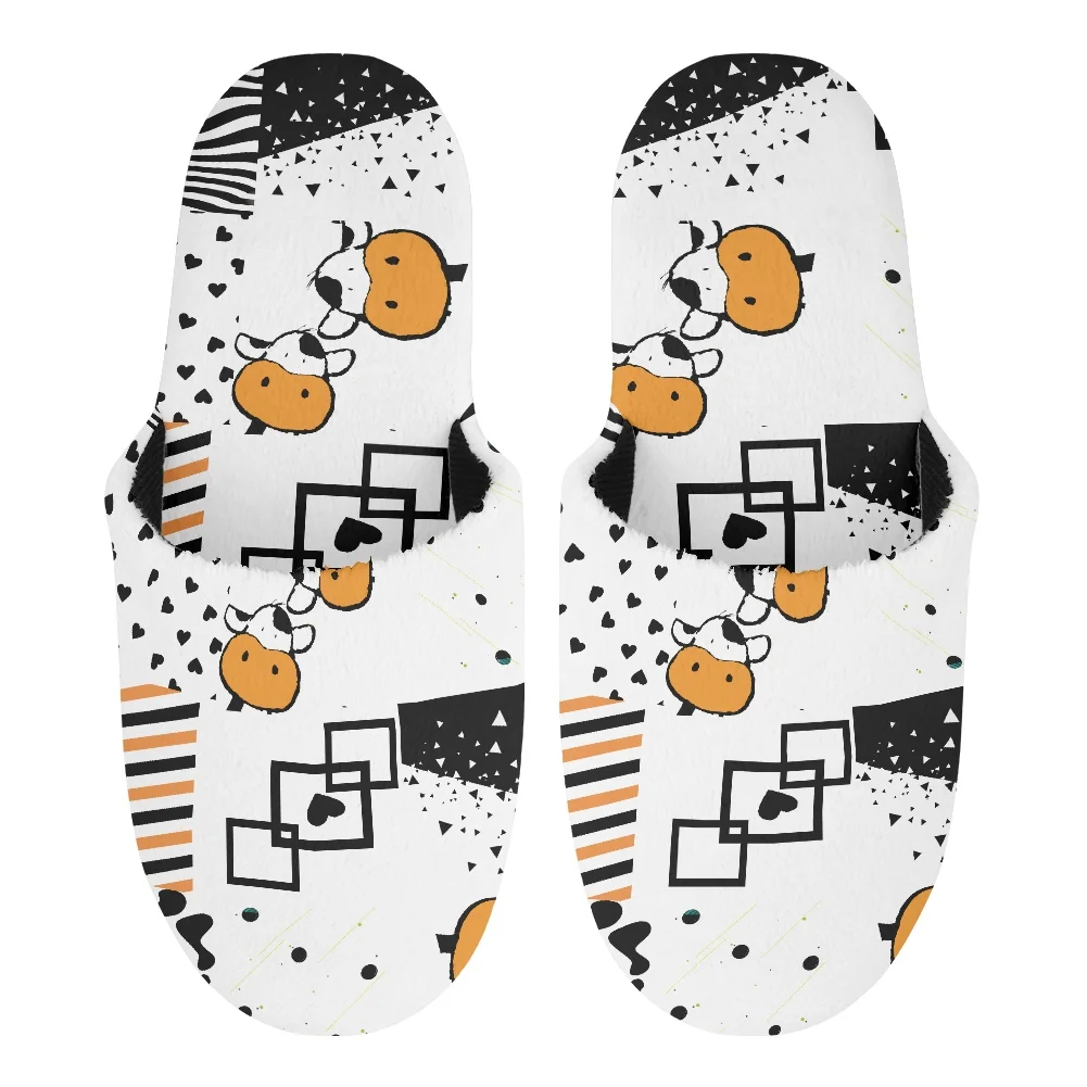 Noisydesigns Soft Plush Cotton Slippes Men Slip On Winter Shoes Splicing Style Cow Pattern Casual Ladies House Warm