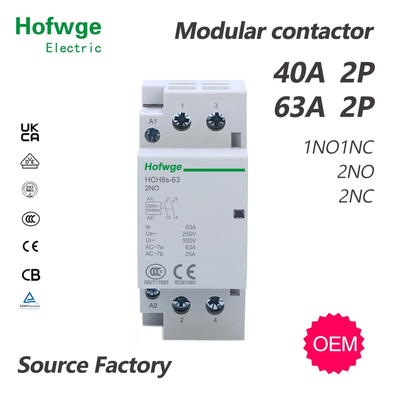 HCH8s-63 Household AC Contactor 2P 40A 63A 2NO 2NC  1NO1NC DC24V AC110V AC220V Automatic  Contactor Din Rail Type 50Hz 60Hz