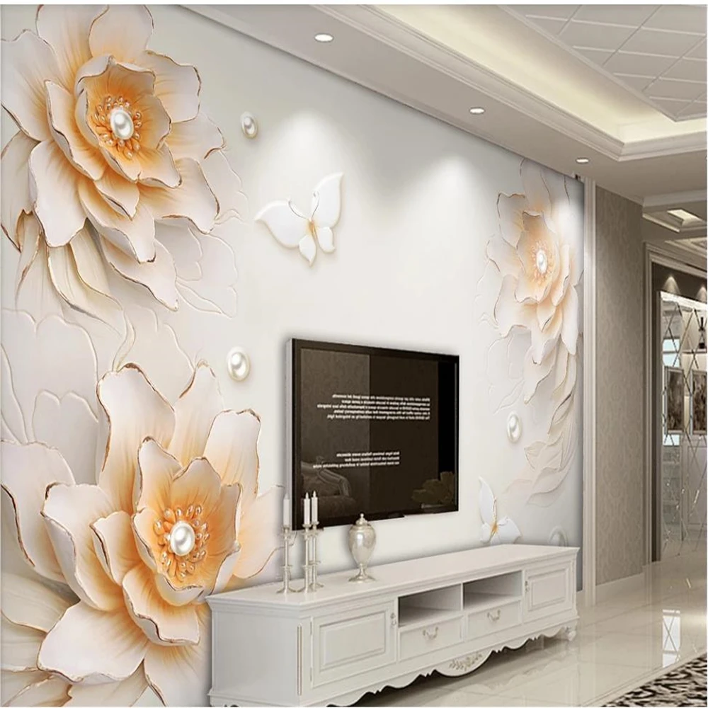 European style peony pearl vine relief modern minimalist TV background wall modern wallpaper for living room