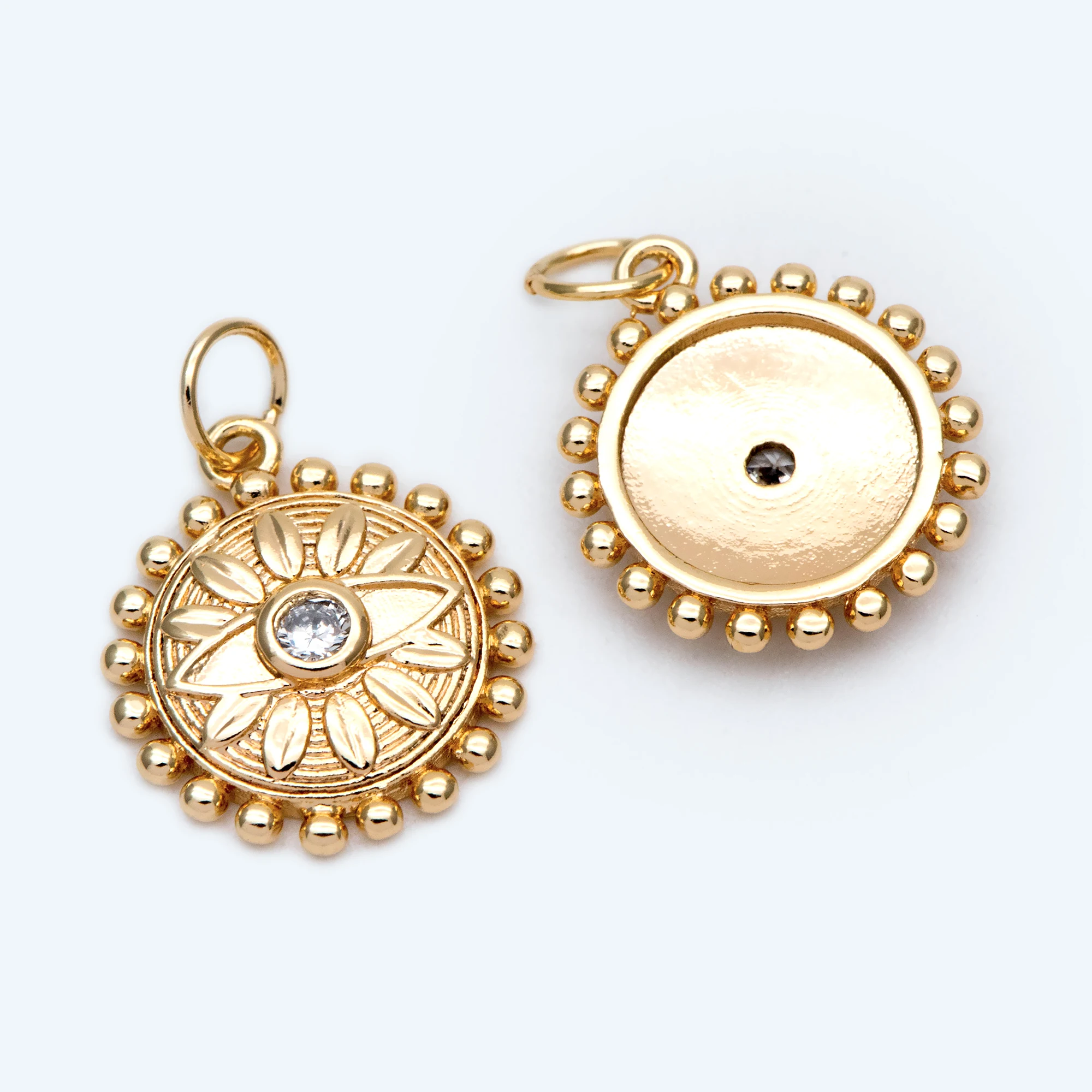 

10pcs CZ Paved Flower Evil Eye Charms 17x15mm, 18K Gold Plated Brass Disk Pendants (GB-1904-1)