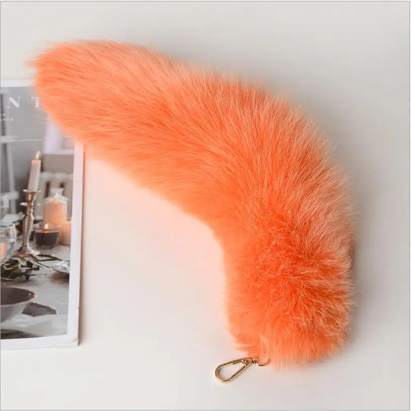 Colorful Real Fox Fur Tail Keychain 40cm long Bag Charm Soft Fluffy KeyRing Pendant Women Backpack Accessories  Wholesale Price