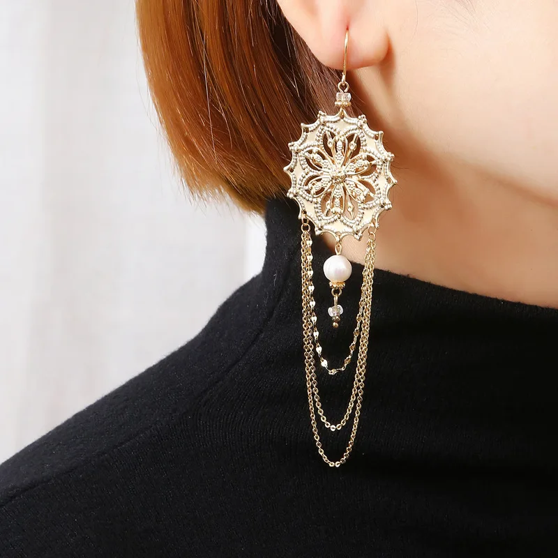 Fashion Exquisite Jewelry Women's Daily Gifts Charming Pearl Classic French Flower Texture Vintage Drop Chain Long Earrings