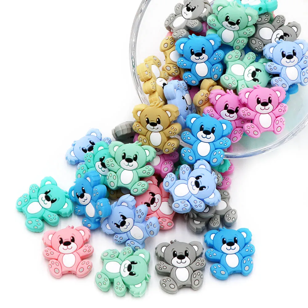 Joepada Silicone Animal Bear Beads 10pcs Newborn Teether Products Cartoon Teething Beads DIY Pacifier Chain Baby Oral Care Toy