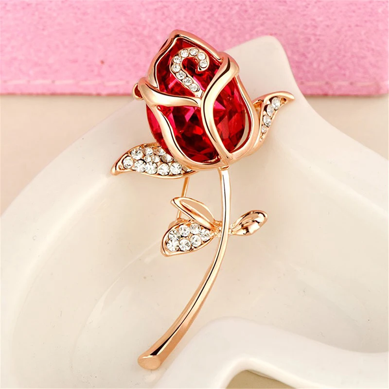 Stylish Women Brooch Pin Crystal Rhinestone Rose Flower Brooch for Women Clothing Summer Design Party Valentine Day Gift