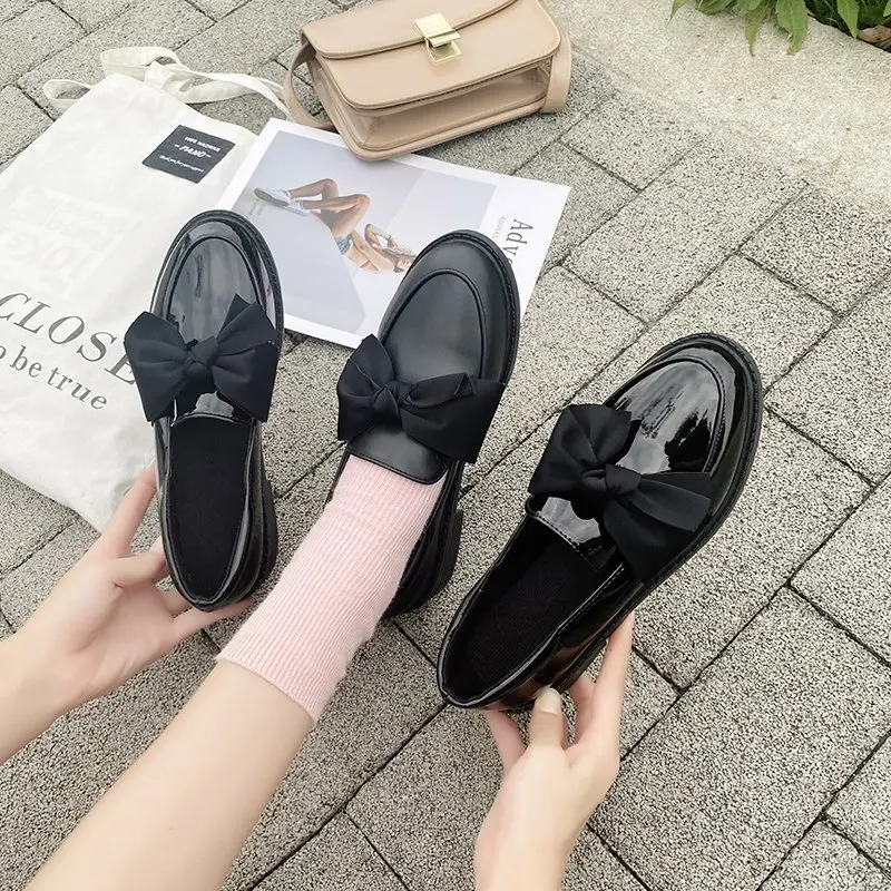 Solid Black Shoes donna 2020 autunno Oxford Shoes For Women New Round Toe Bow Knot Slip on tacchi spessi scarpe Casual in pelle