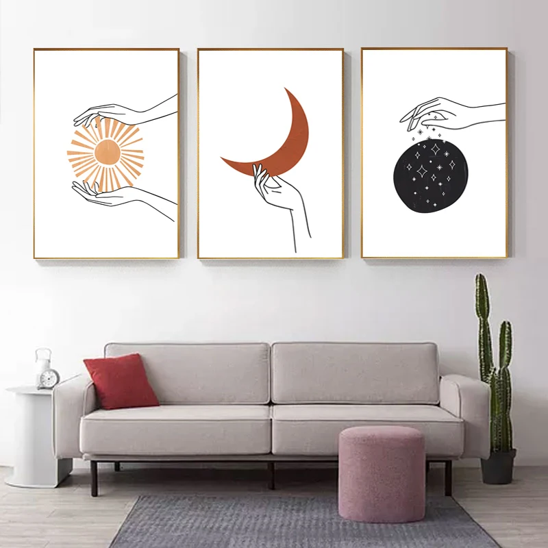 Nordic Style Line Drawing Posters and Prints Celestial Line Wall Art Sun Moon Stars Wall Pictures for Living Room Home Decor