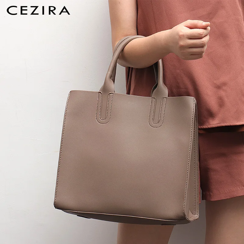 CEZIRA Women PU Vegan Leather Tote Brand Simple Solid Color Top-handle Bucket Liner Bag Female Daily Shoulder Crossbody Handbags