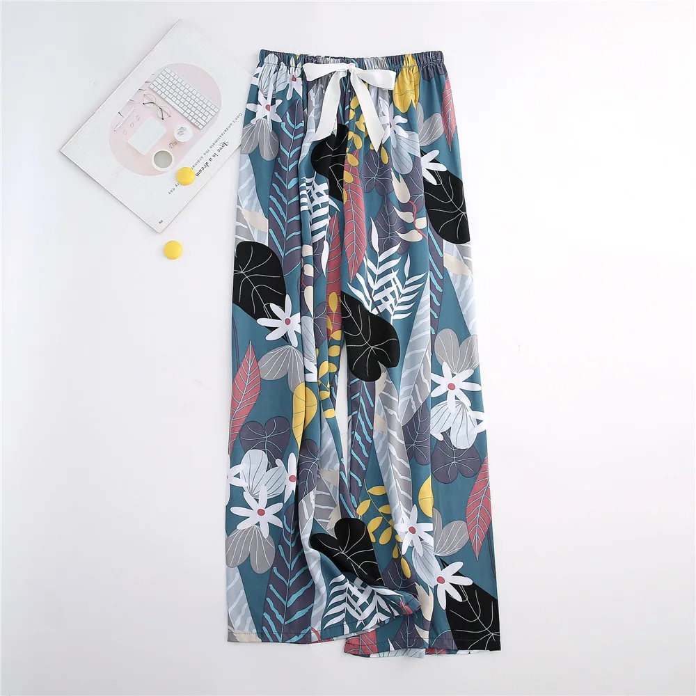 Cute Women Loose Pajama Pants Summer Lounge Trousers Floral Print Casual Stretch Waist Drawstring High Waist Pants Home Pants