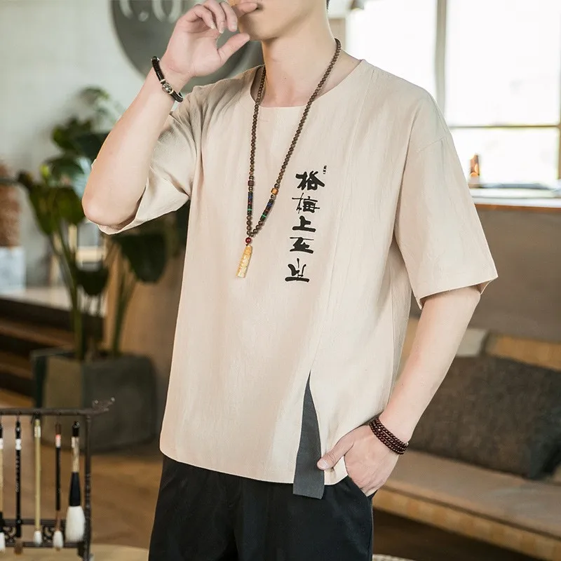 

Plus Size 4XL 5XL Men Cotton Linen Shirts Round Neck Tee Shirt Chinese Style Tops Male Loose Tang Shirts Casual Chinese Tops