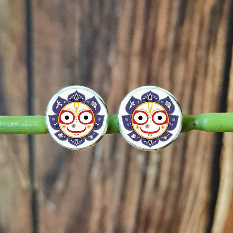 New Hindu God lord Jagannath Earrings for Women Men Cartoon Face Mandala Religious Glass Photo Handmade Stud Earring Jewelry