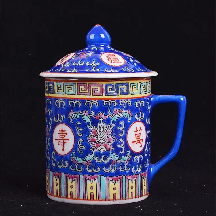 Traditional Chinese Jingdezhen Ceramic Blue and White Porcelain Mug Red/Blue/Yellow Tea Cup with Lid Drinkware 300ml