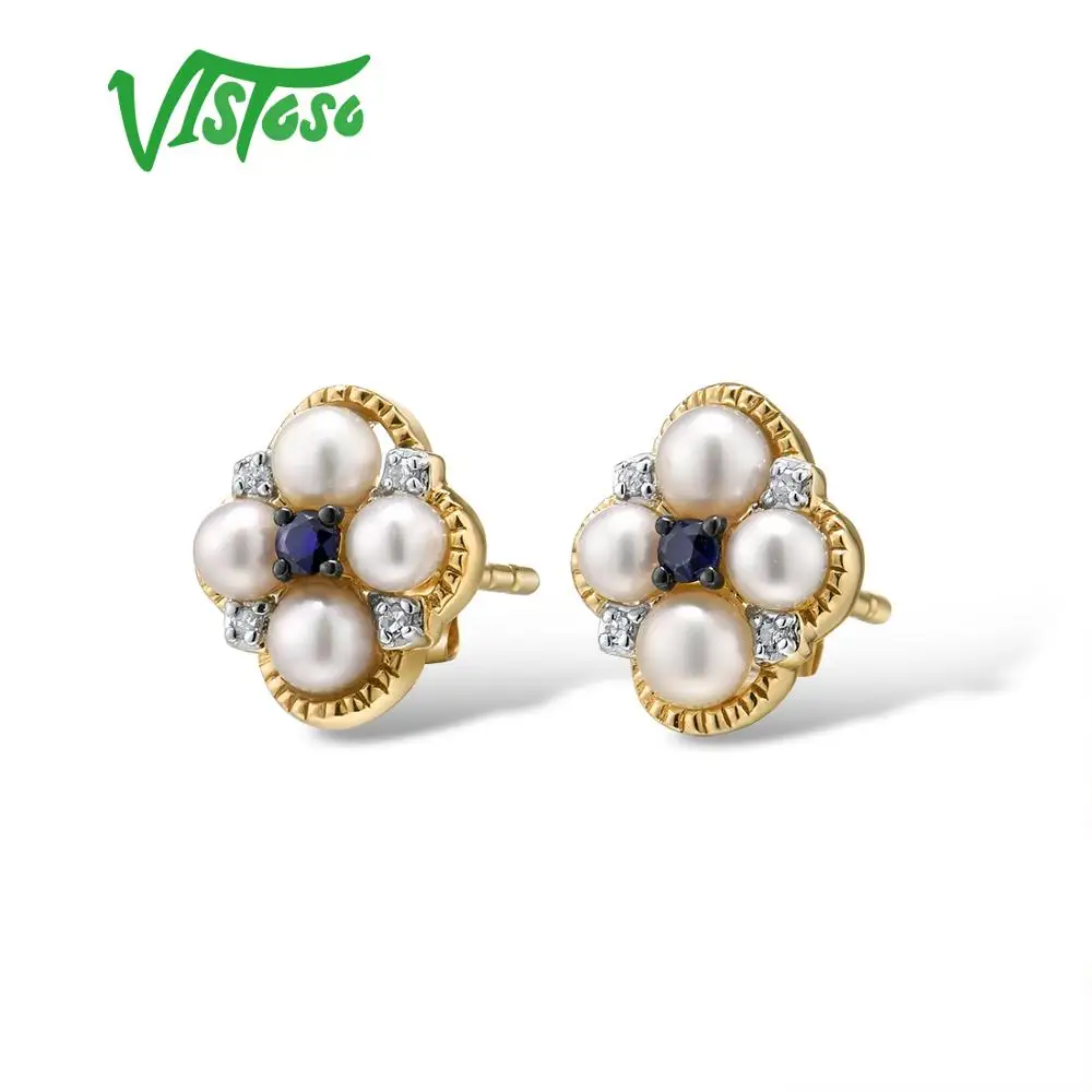 VISTOSO Gold Earrings For Women Pure 14K 585 Yellow Gold Natural Blue Sapphire Fresh Water Pearl Diamond Engagement Fine Jewelry