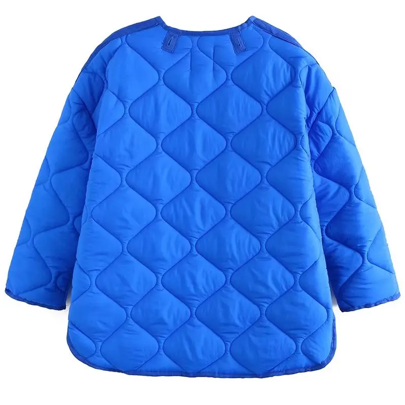 PUWD Fashion Women Blue Quilted Check Cotton Jacket 2021 Autumn Winter Casual Warm Solid Parka Pocket Loose Female Thick Outwear