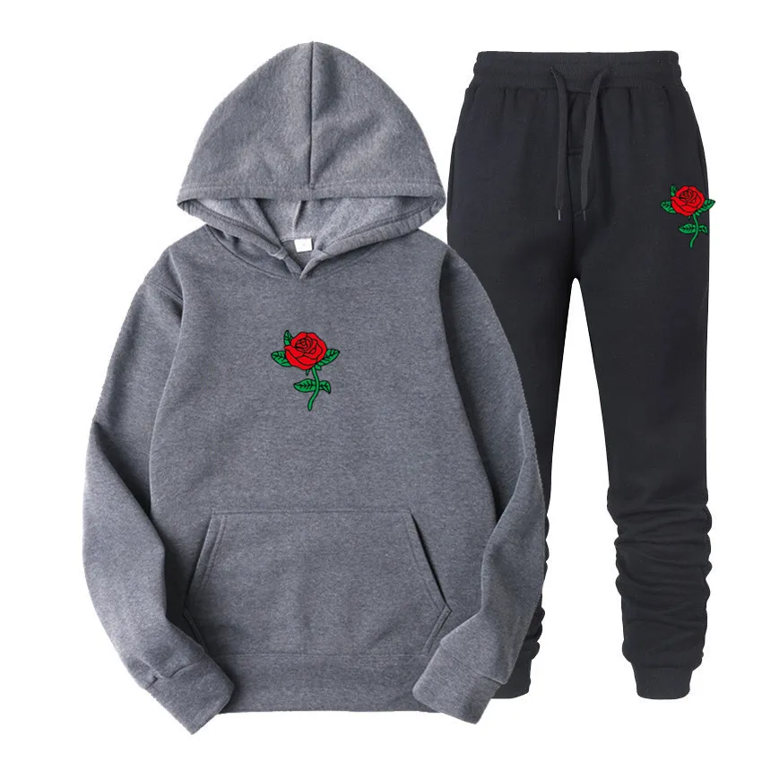 Men's Hoodie set rose print sport fleece Set + jogging pants men's Pullover 2021 autumn winter new