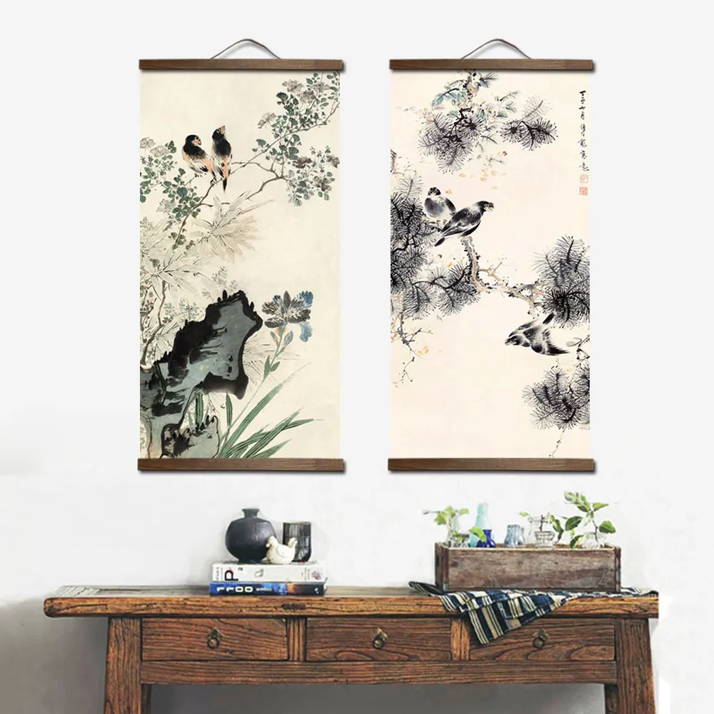 Chinese Traditional style flower animal canvas home decoration for living bedroom wall art picture poster wood scroll paintings