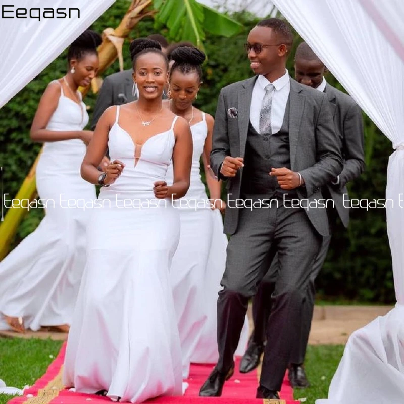 

White Bridesmaid Dresses Long V Neck Sweep Train Silk Satin Mermaid Wedding Party Bridesmaid Gowns With Zipper Back