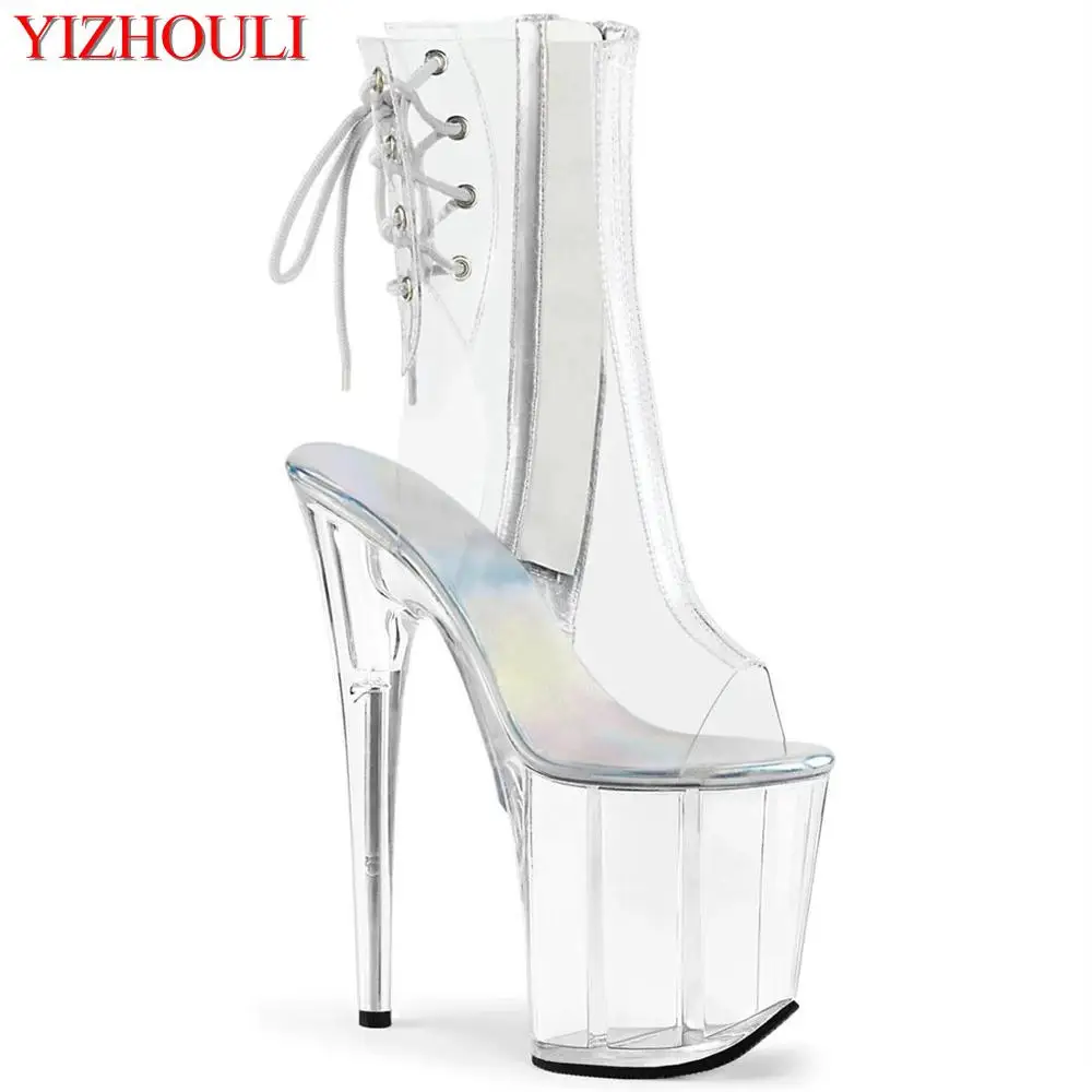 Full transparent sexy toe heels ankle boots, pole dancing crystal soles with 20cm high heels party dancing, dancing shoes