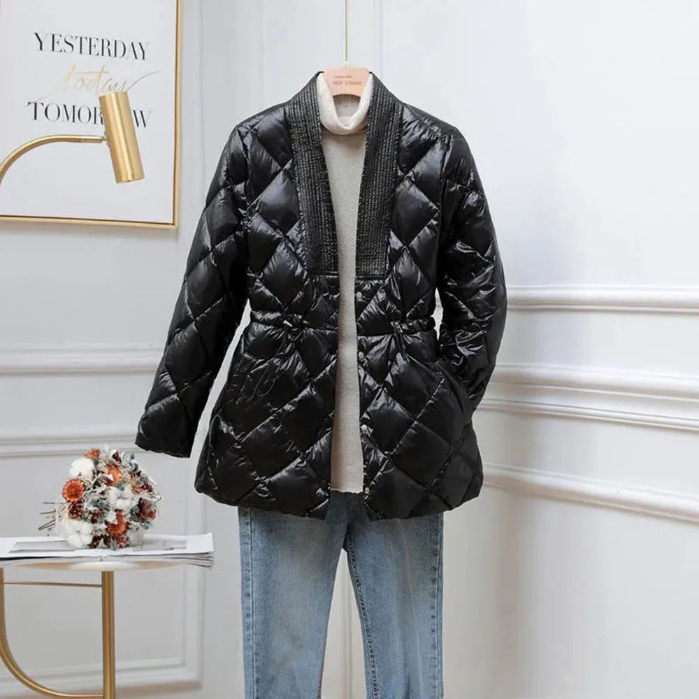 Winter New Korean Style Diamond Down Cotton Jacket Women Mid-length V-neck Waist Warm Chic Women Coat Thicken Quilted Jacket