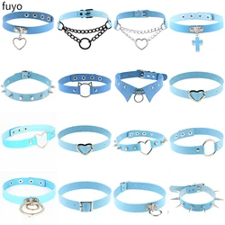 Women Sexy Punk Choker Collar Spike Rivets Lock Blue Leather Necklaces Bondage Cosplay Choker Belt Jewelry Statement Jewelry