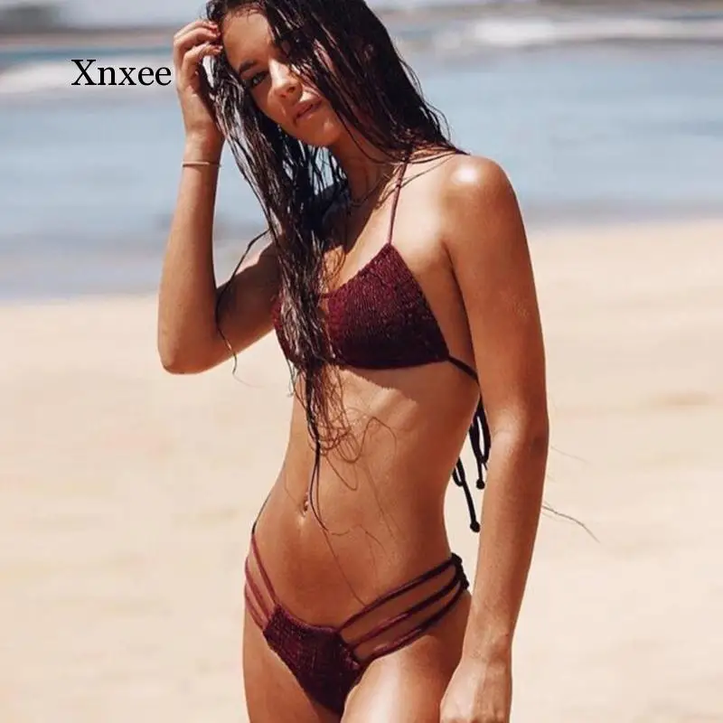 Solid Hollow Pleated Halter Bikini Set Summer Beachwear Bathers Swimwear Women Bathing Suit Push Up Brazilian Bikini Clothing