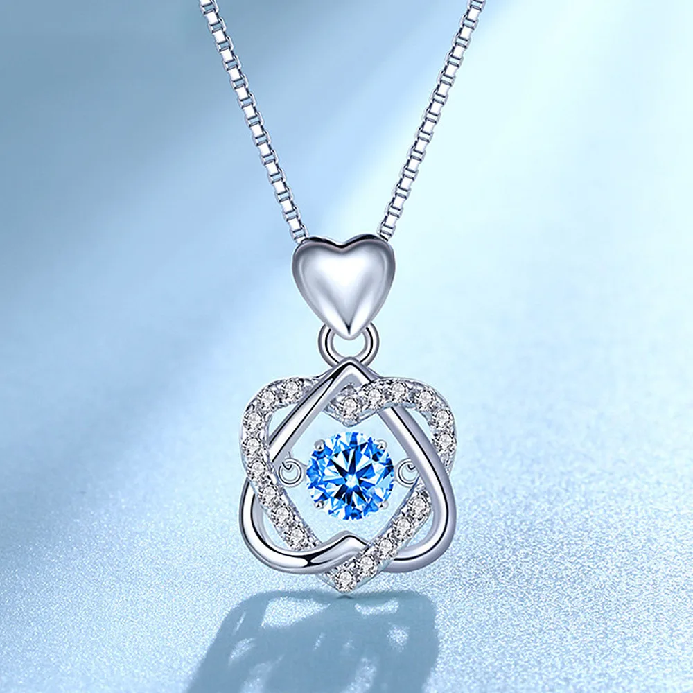 Beating Heart Blue Crystal Aquamarine Gemstones Pendant Necklaces for Women White Gold Silver Color Choker Jewelry Fashion Gifts