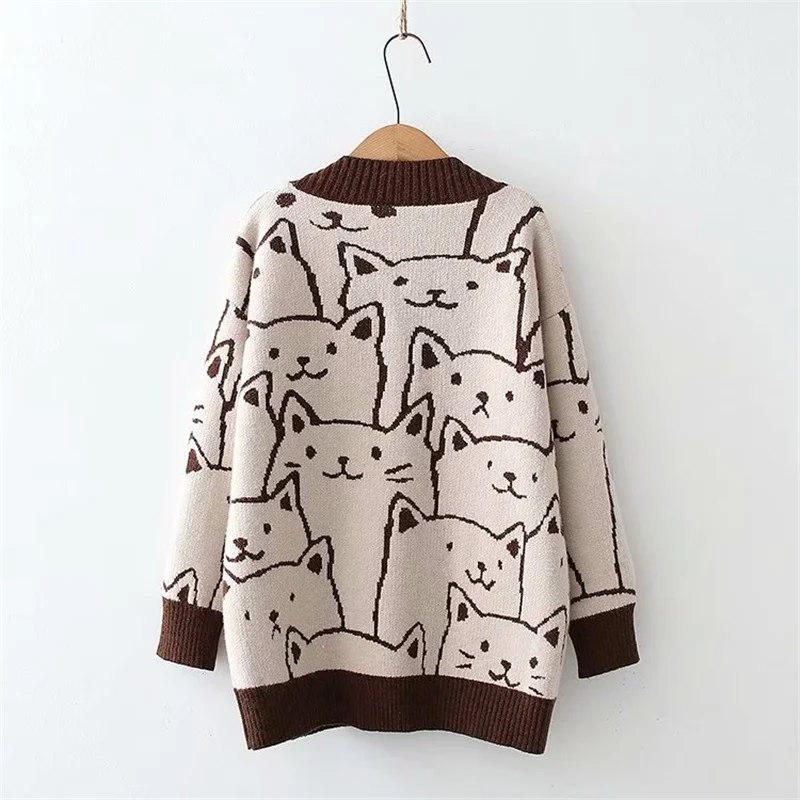 Harajuku Kawaii Cartoon V Neck Cardigan Women Cute Cat Vintage Knitted Sweater Female Retro Fashion Long Sleeve Knitwear Coat