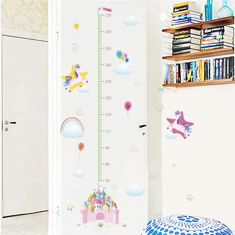 Cute Unicorn Castle Growth Chart Wall Stickers For Kids Room Home Decor Cartoon Safari Mural Art Diy Height Measure Wall Decal