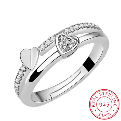 Luxury 925 Sterling Silver Wedding Ring For Women Double Heart Zirconia Opening Ring Valentine's Day Present S-R133
