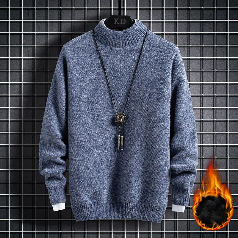 men\'s autumn winter solid color pullover plus velvet warm knit sweater solid color stretch slim fashion bottoming shirt Sweaters