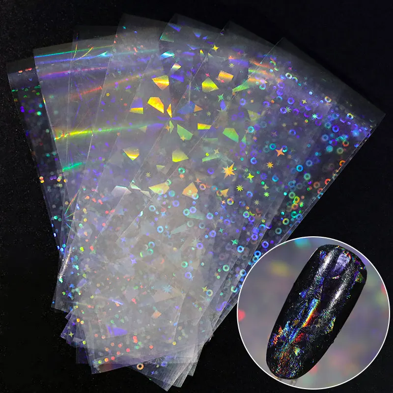 8 pieces Holographic Nail Foil Colorful Stickers Transfer Starry Stickers Sliders for Decoration Nail Art Tips Manicure Tools