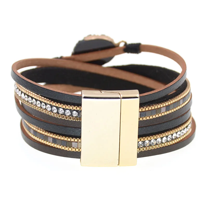 WELLMORE Charm Leather Bracelets For Women 2020 Fashion stone crystal Ladies Boho Multilayer Wide Wrap Bracelet Female Jewelry