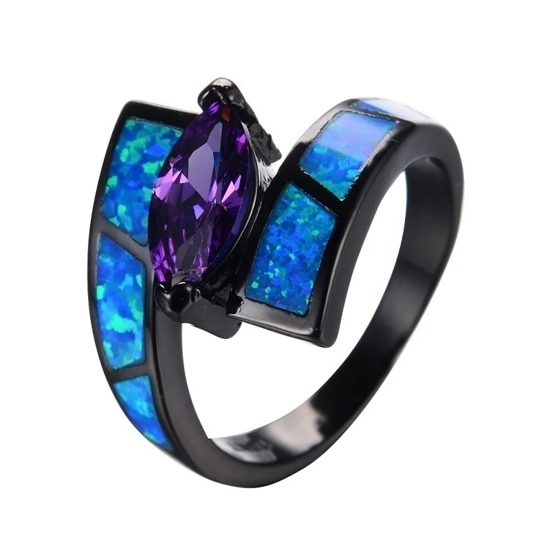 Vintage Blue Imitation Fire Opal Rhinestones Black Ring For Women Accessories Jewelry Wedding Party Charm Statement Gift