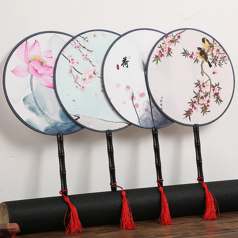 13 Colors Round Hand Fan Chinese Style Vintage Printing Silk Fan Wedding Party Dance Accessories