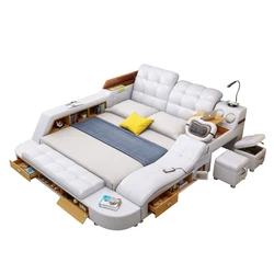 Echt Leer Multifunctionele Massage Bed Frame Moderne Nordic Camas Ultieme Bed Met Opslag Led Licht Bluetooth Speaker Veilig