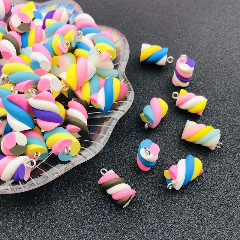 10pcs Hot Selling Kawaii Colorful Clay Swirl Marshmallow Charm for Keychain, Earring Scrapbooking, DIY Making, Necklace