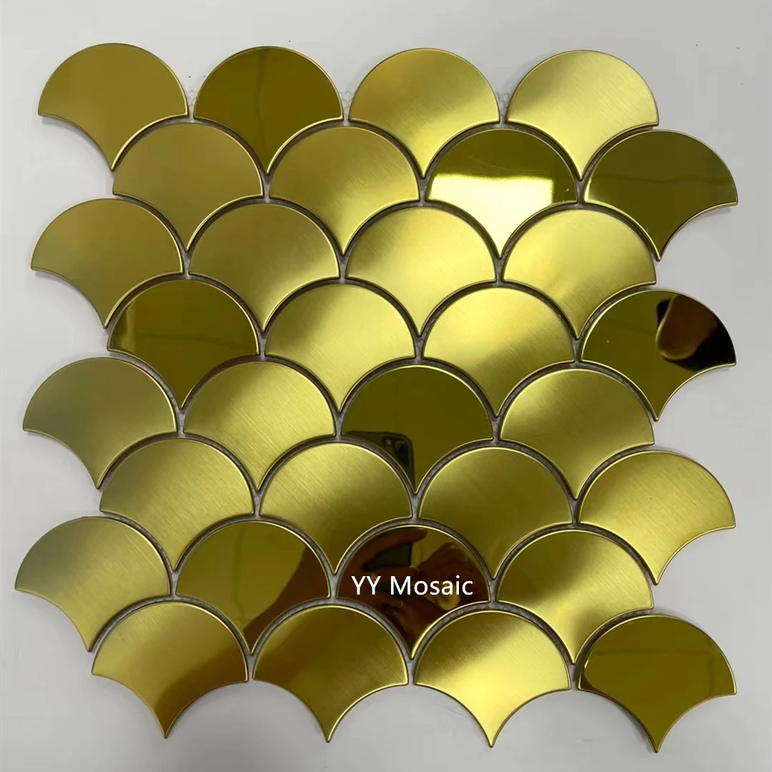 Luxury Gold Shell Fan Shaped Mirror Brushed Metal Mosaic Tiles, 4 Color Option