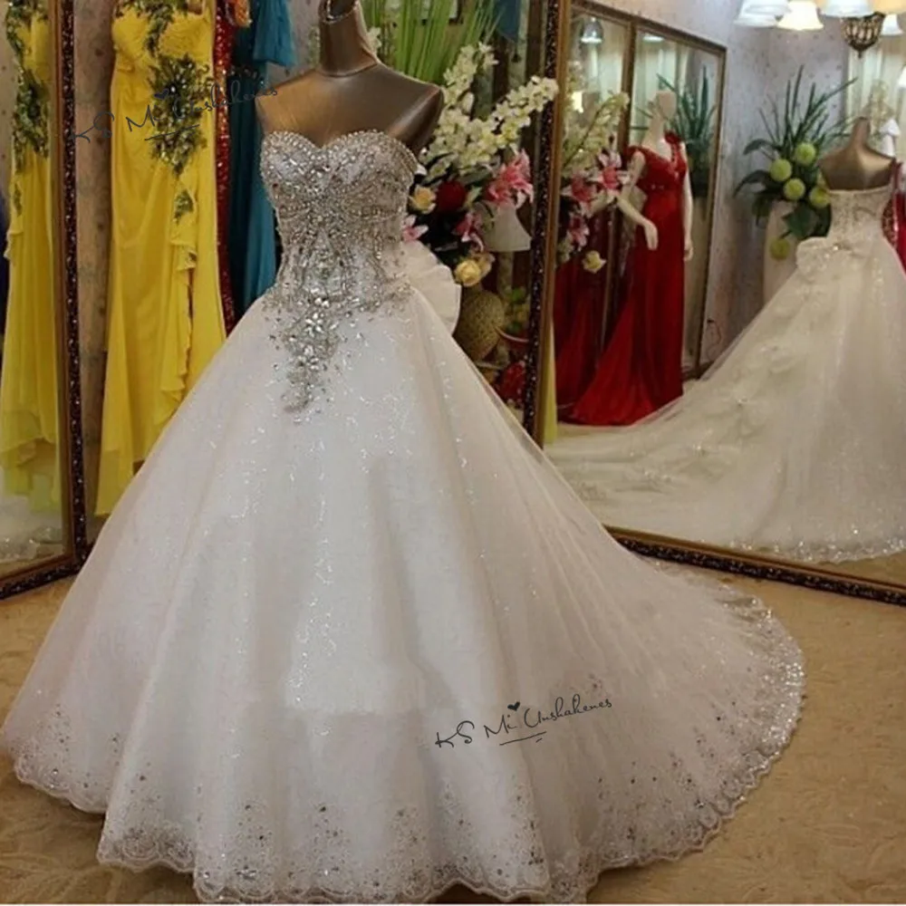 Arab Real Luxury Wedding Dress Crystals Robe de Mariage Long Train Bride Dresses 2020 Bow Bling Plus Size Trouwjurk