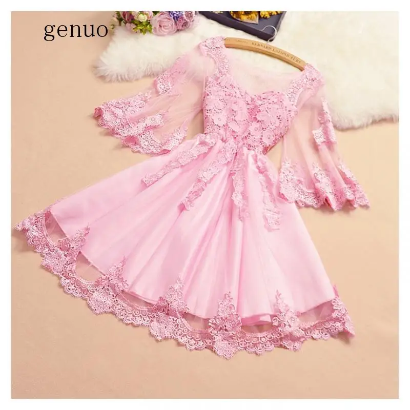 

Pink Lace Mesh Sweet Style Perspective Dresses Fashion Brand Floral Hollow Out Spring Summer Flare Sleeve A-line Dress Woman New