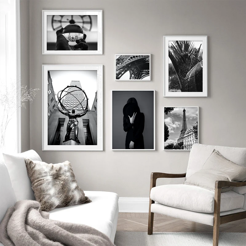 Wall Art Canvas Painting Black White Paris Eiffel Tower Nordic Poster and Print Atlas Statue Pictures for Living Room Home Decor