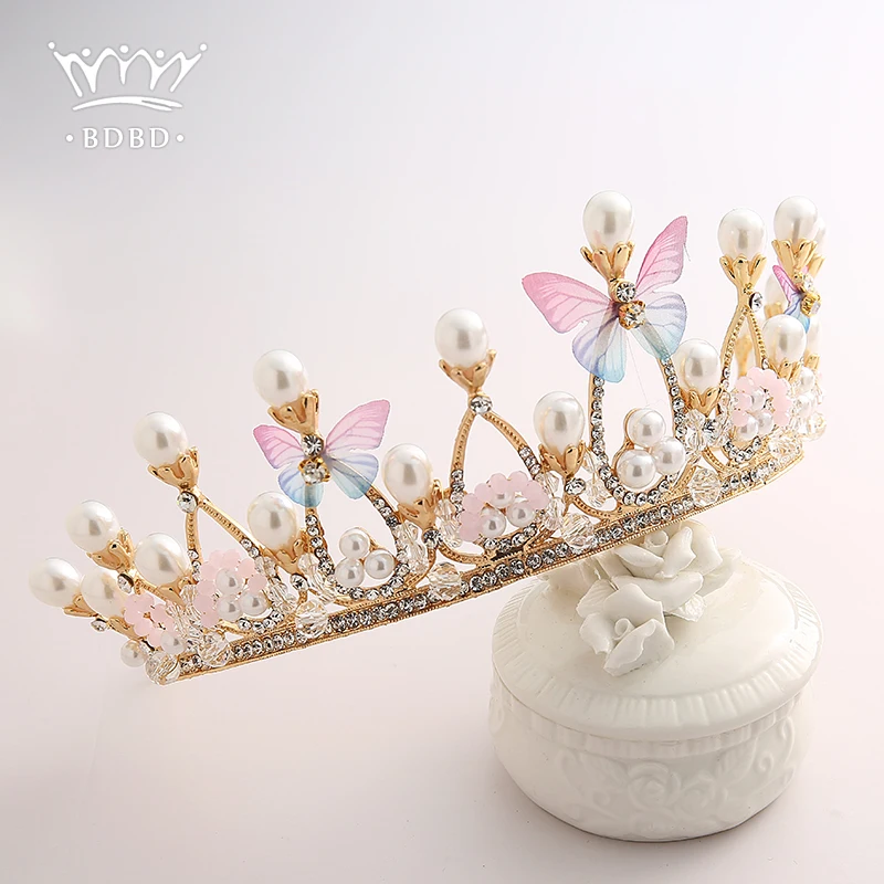 Gold Color Tiaras And Crowns Butterfly Pearls Crystal Handmade Children Crown Photography Party For Kids Women Princess Diadems