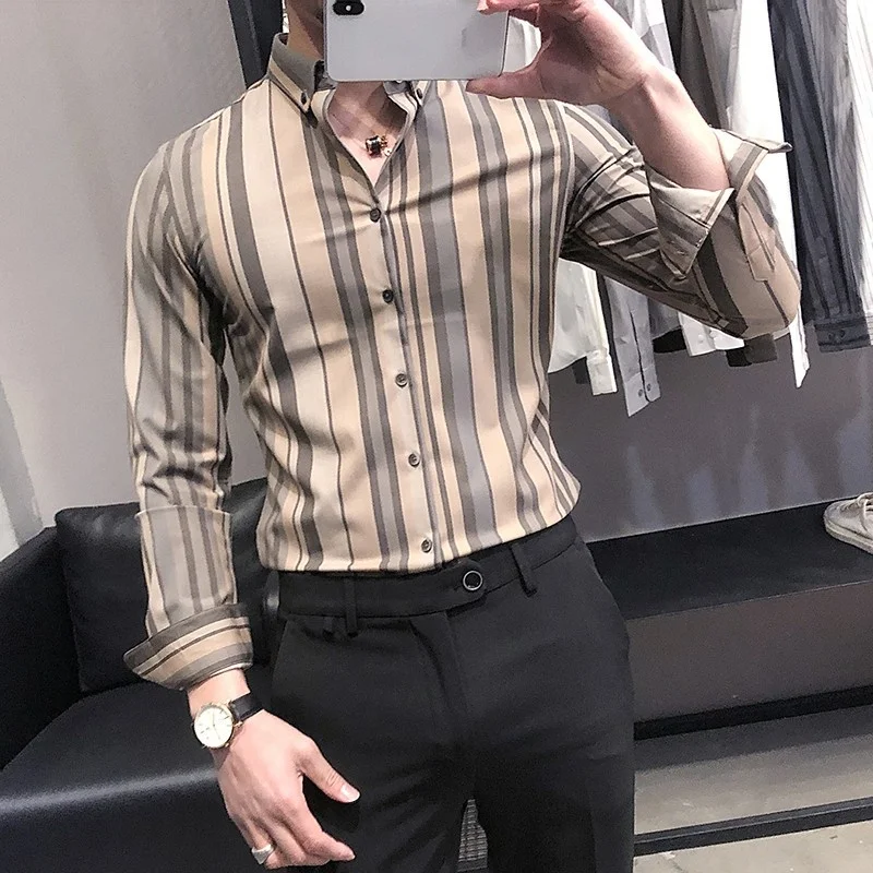 New Spring British Style Stripe Slim Casual Shirt Mens Long Sleeve Turn-Down Collar Single Breasted Korean Style Fashion Blouse