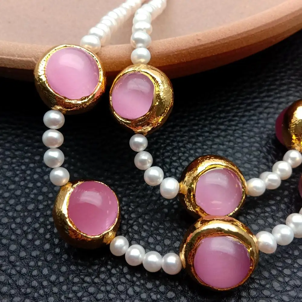 Y·YING 2 Rows  White Pearl Pink Cat Eye Gold Plated Necklace Multi Strands Jewelry 18
