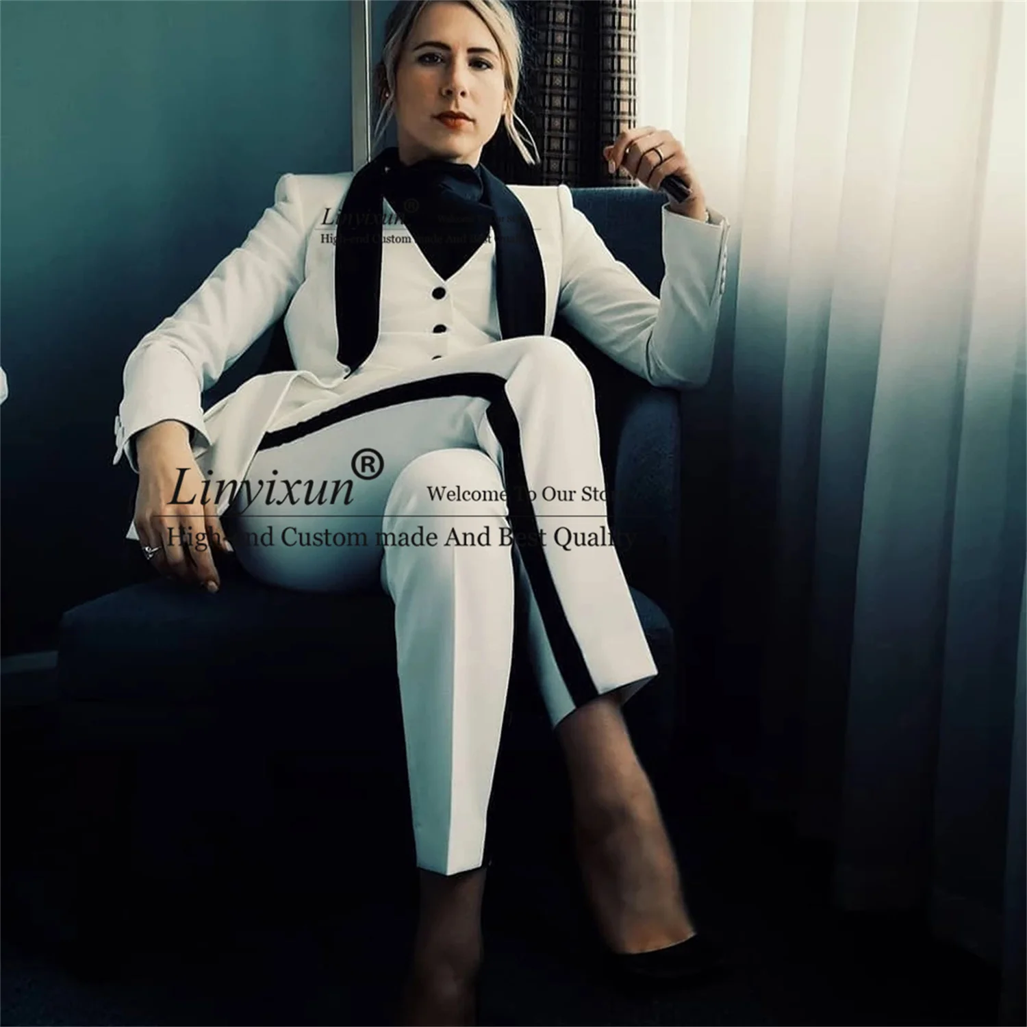 Black Peaked Lapel White Women Suits Smoking Business Lady 3 Pieces Set Jacket Pants Vest Mother Of Bride Blazer Брючные костюмы