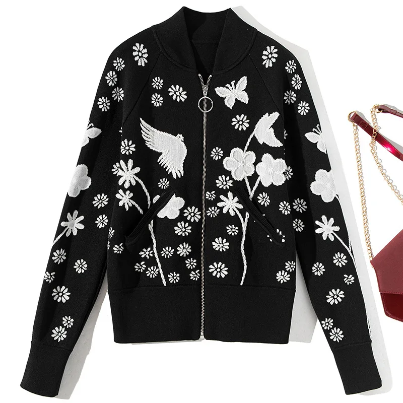 

2019 Early Autumn New Women's Zipper Pearl Embroidered Women Long Sleeve Soft Knit and Open Front Cropped Cardigan Sweater