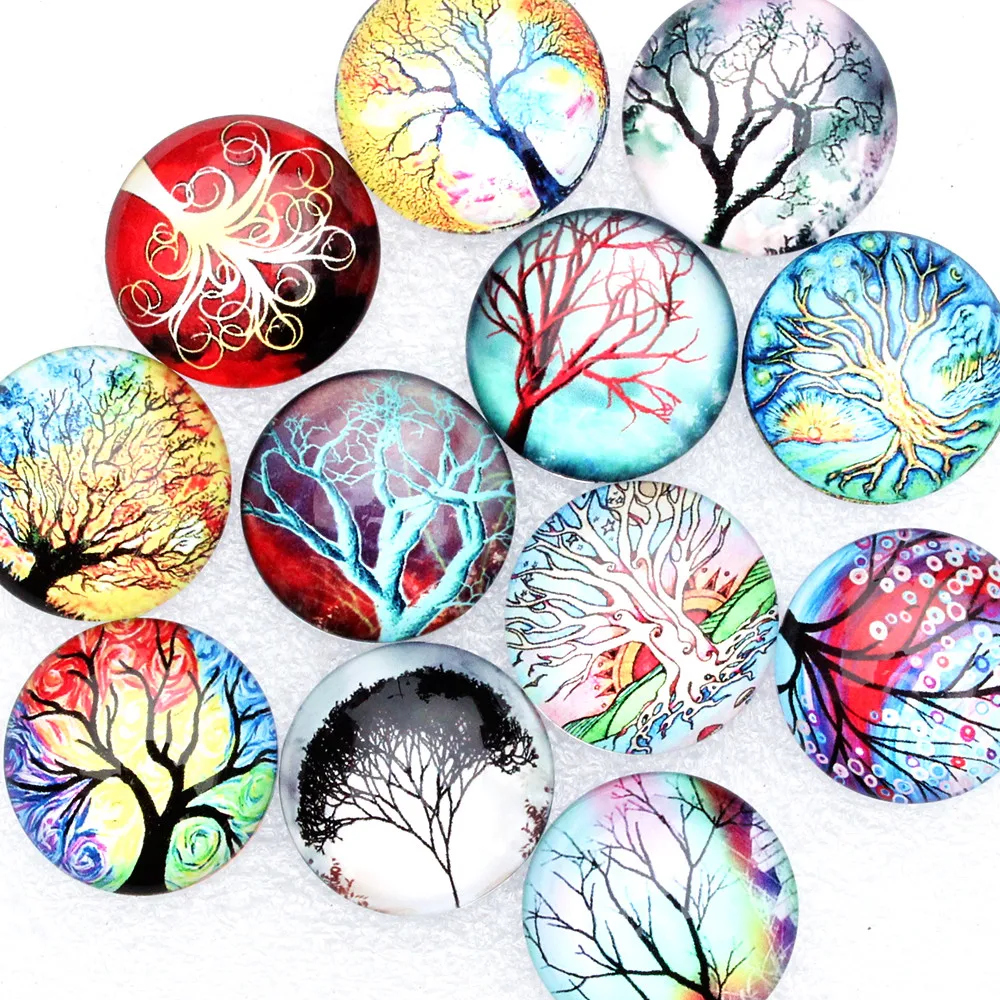 From 8mm to 30mm Random Mixed Round Life Tree Cabochons In Pairs Pattern Glass Flatback Photo Base DIY Making Accessories K06247