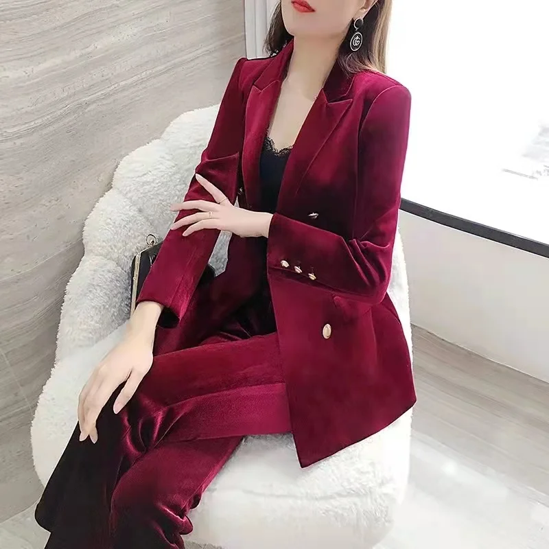 Winter Red Gold Velvet Suit 2023 New High-end Suit Fashion Slim Two-piece Women\'s Office Suit