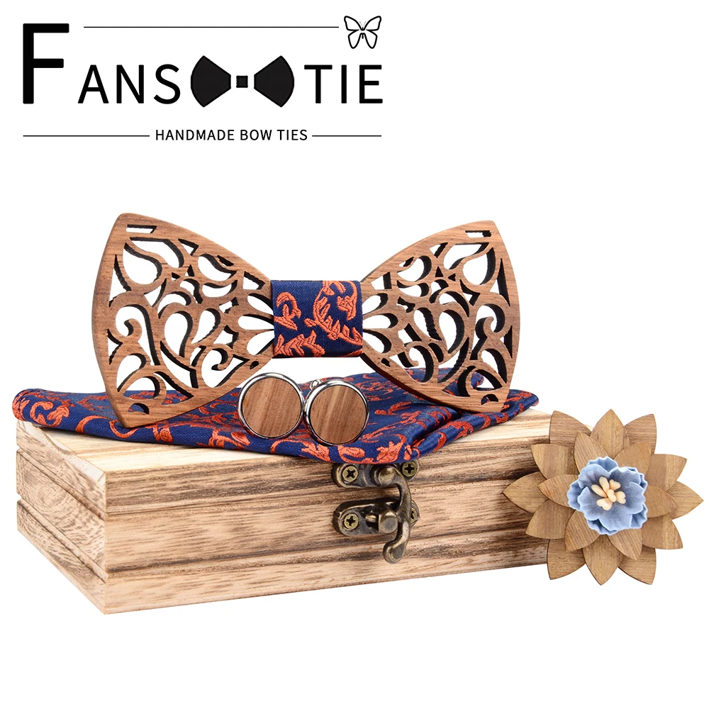 Fashion Adjustable Floral Hollow Wooden Bow Tie Set Pocket Square Cuff Brooch With Wood Box Bow Tie For Men Wedding Neck Ties